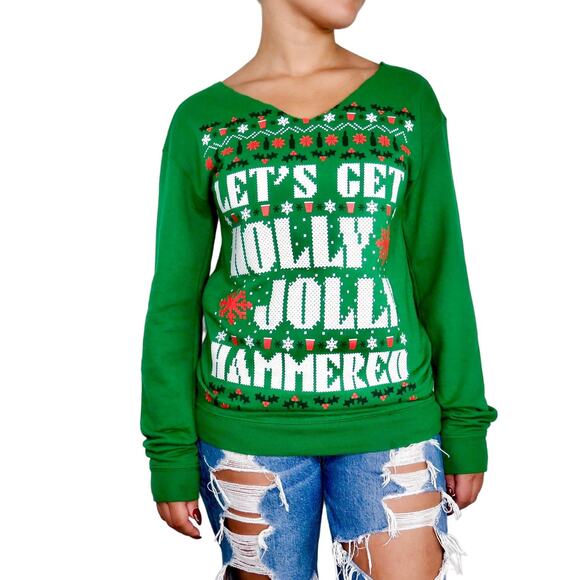 Spencer's Green Let's Get Holly Jolly Hammered Ugly Christmas Sweatshirt Small - Picture 7 of 8